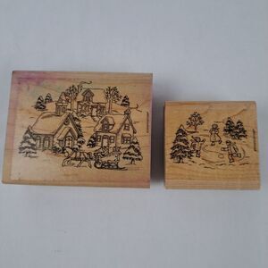 Stampin Up Rubber Stamps 1996 Chill Winter Snow Village Ice Skate Christmas